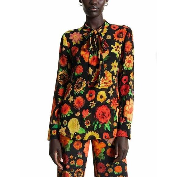DESIGUAL NWT $145 Flowers Multicolored Cotton Silk Blend Blouse Size US S - Picture 2 of 8